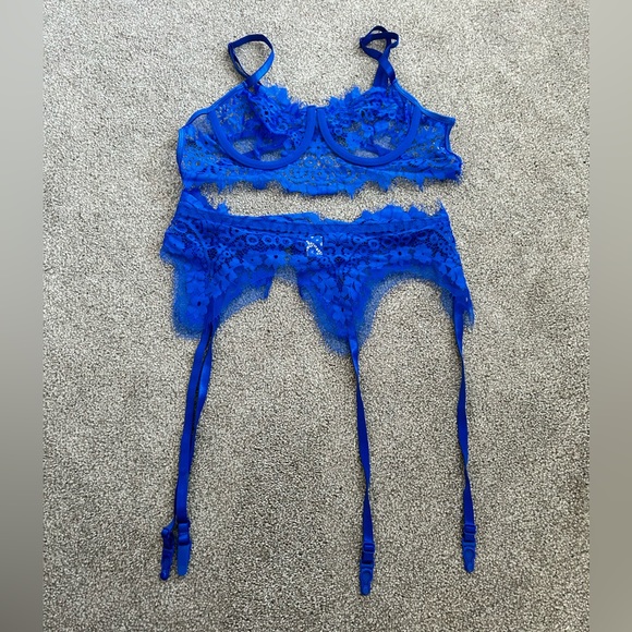 Blue Lace Bra & Garter Belt - Picture 2 of 4